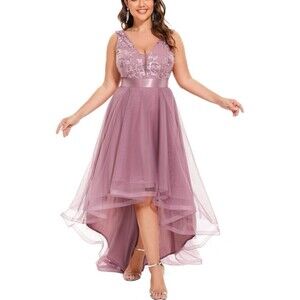 Deep V-Neck Lace Applique High Low A-Line Tulle Maxi Dress  Plus Size 3XL/ US 14